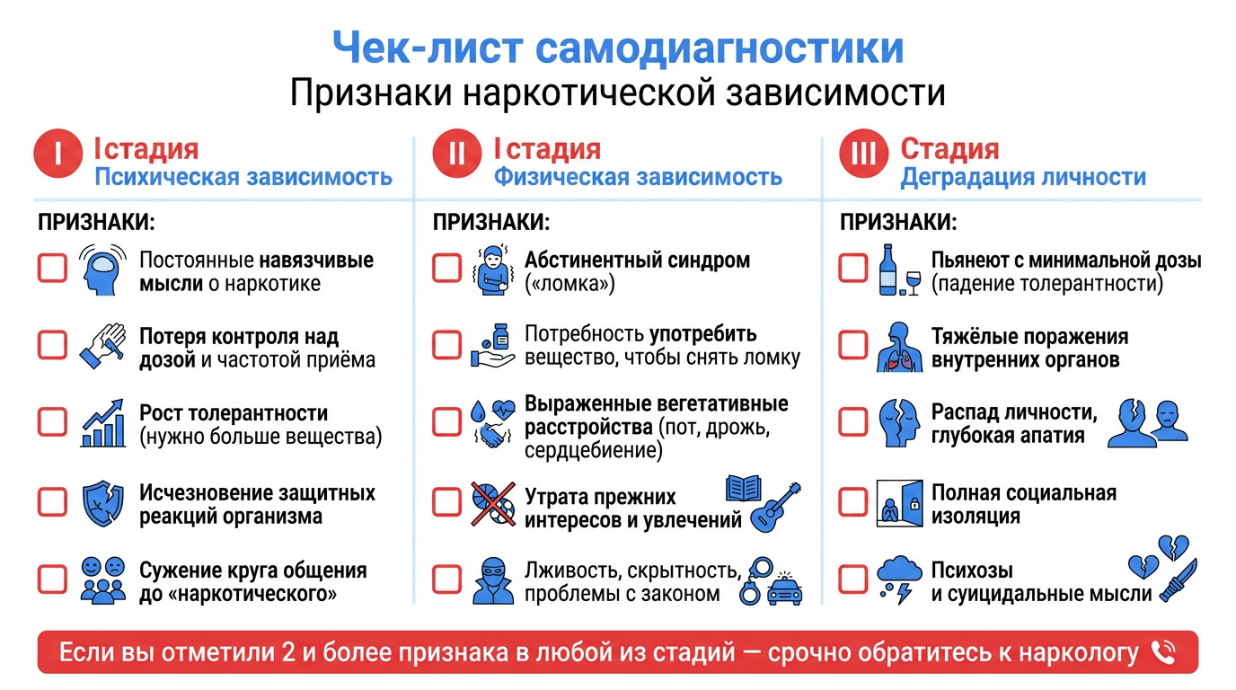 Чек-лист самодиагностики наркомании: таблица признаков зависимости по трём стадиям с возможностью отметить симптомы
